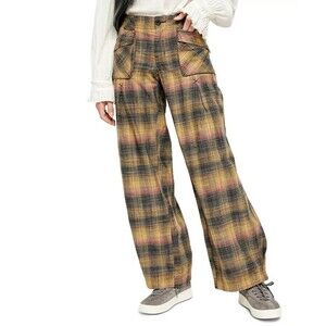 Free People Size 4 Moss Combo Birch Plaid Wide Leg Baggy Pants